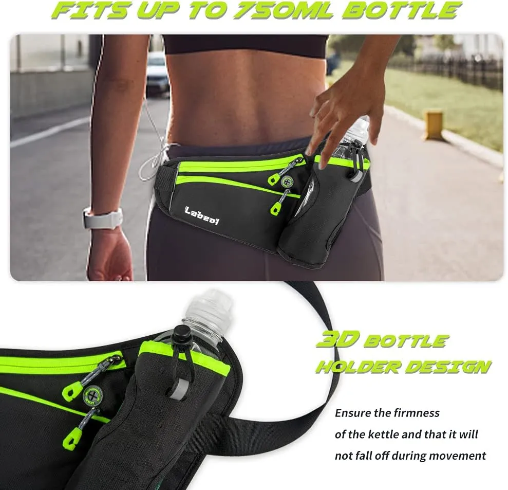 Labeol Running Belt with Water Bottles, Adjustable 2 Zipper Pockets Running Waist Pack Hydration Bag for Men and Women, Fanny Pack with Water Bottles for Hiking Climbing Jogging (Green)