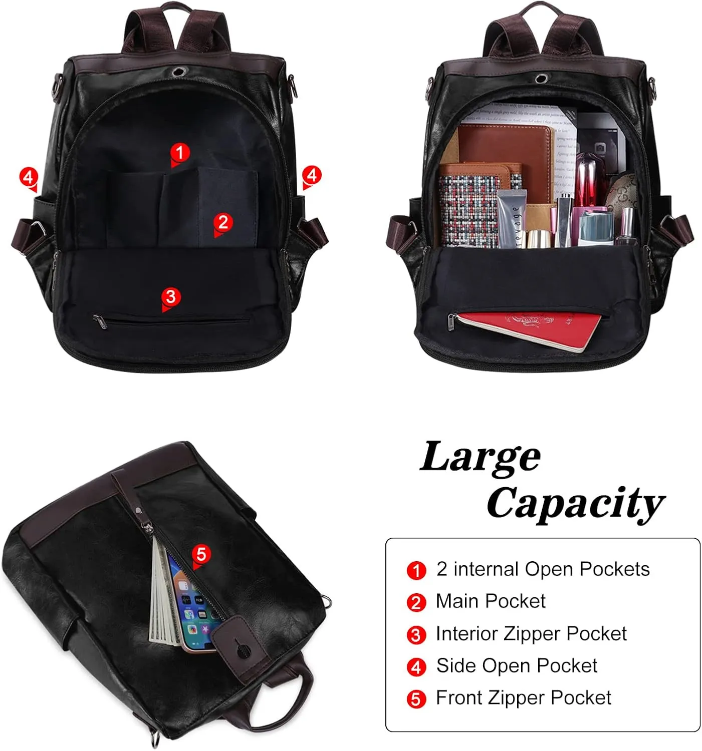 Ladies Anti-Theft Leather Backpack Women Vintage Shoulder Bag Travel Rucksack Womens Casual Daypacks Working Bags Multi Pocket Soft Leather Lightweight 20L