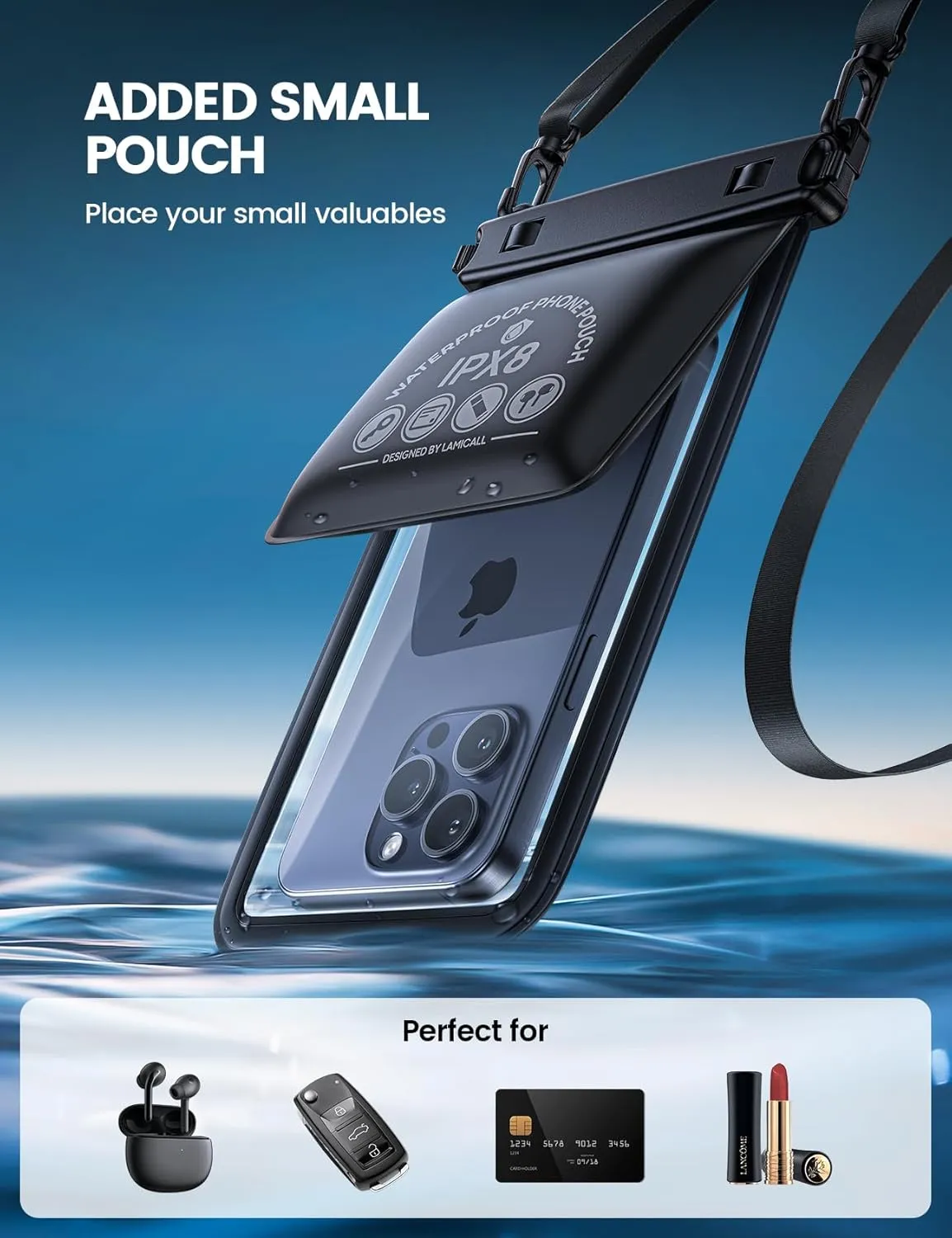 Lamicall Waterproof Phone Pouch Case - [Double Space] IPX8 Water Proof Cell Phone Dry Bag with Lanyard, Beach Cruise Ship Essentials for iPhone 16 15 14 13 Pro Max, Galaxy S25 S24, 4-7.5" Black