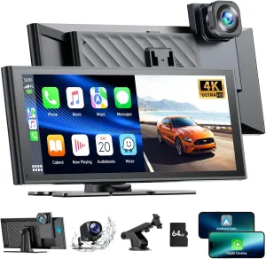LAMTTO Wireless Carplay and Android Auto with 4K Dash cam,9.26 Inch Protable Carplay Screen for Car,1080P Backup Camera, Digital Media Receivers with Voice Control,Bluetooth,G-Sensor,GPS,Mirror Link