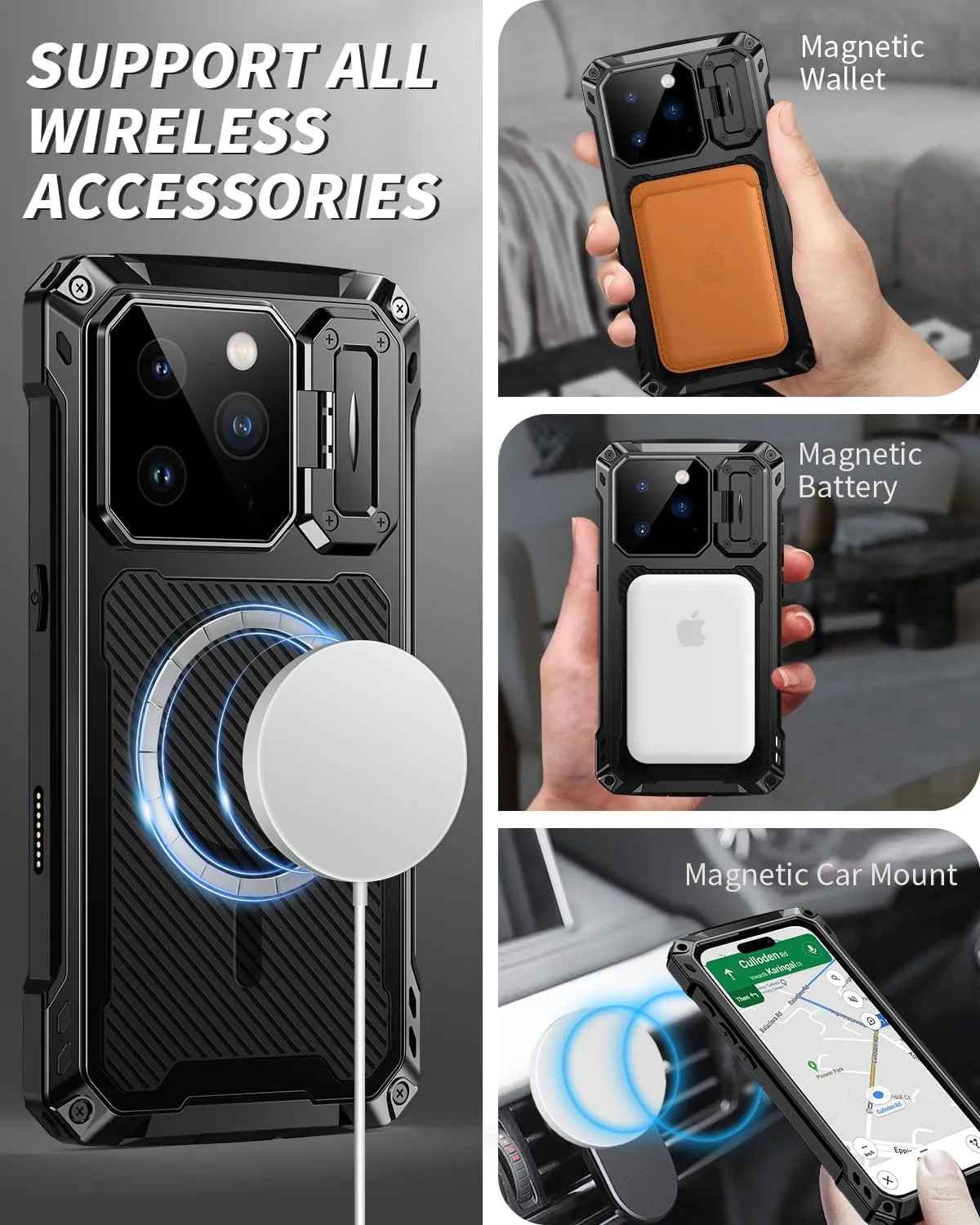 Lanhiem for iPhone 16 Pro Max Metal Case with Camera Cover & Stand [Compatible with MagSafe] [Built-in Kickstand] [Military-Grade Protection] Heavy Duty Rugged Magnetic Phone Case, Black