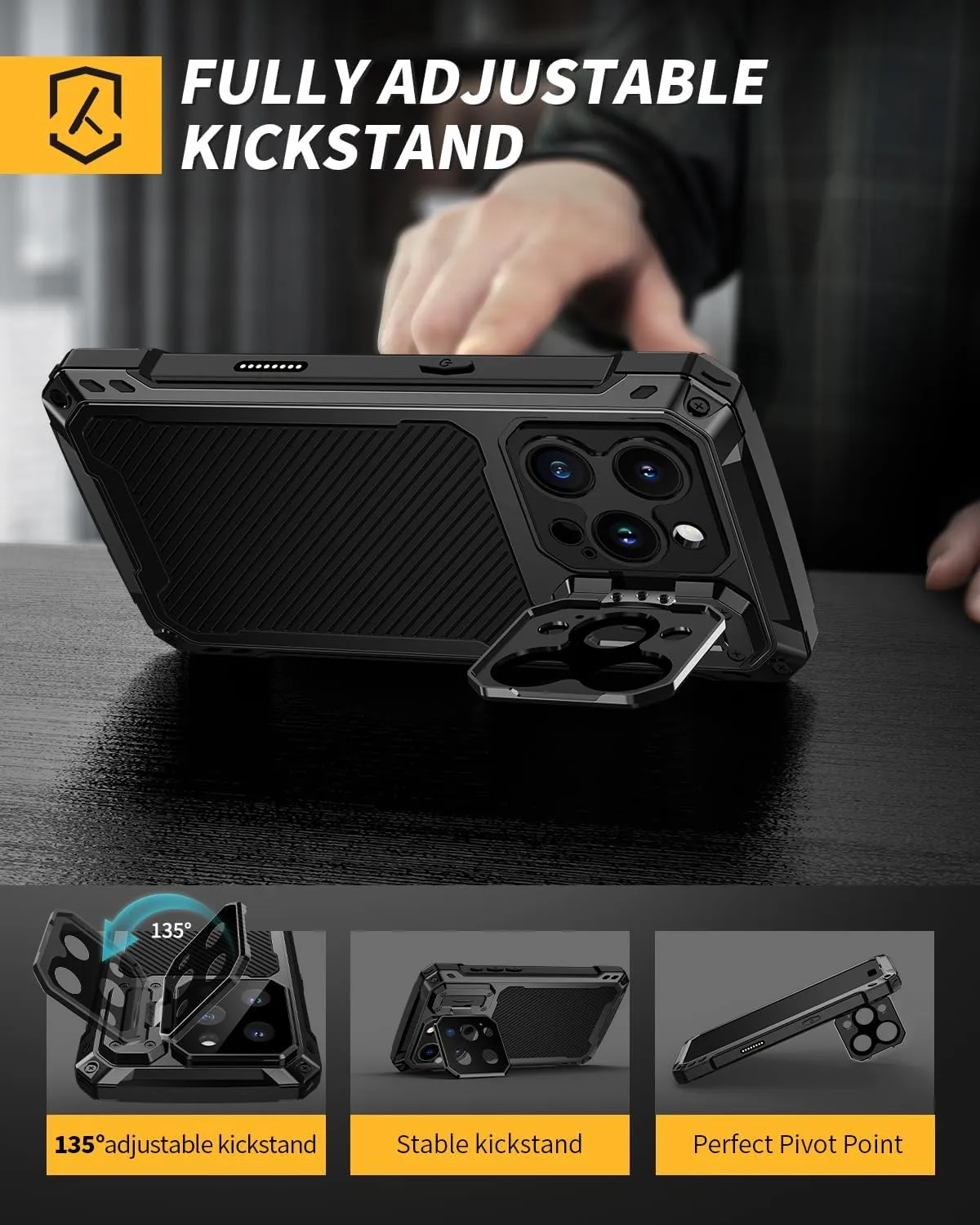 Lanhiem for iPhone 16 Pro Max Metal Case with Camera Cover & Stand [Compatible with MagSafe] [Built-in Kickstand] [Military-Grade Protection] Heavy Duty Rugged Magnetic Phone Case, Black