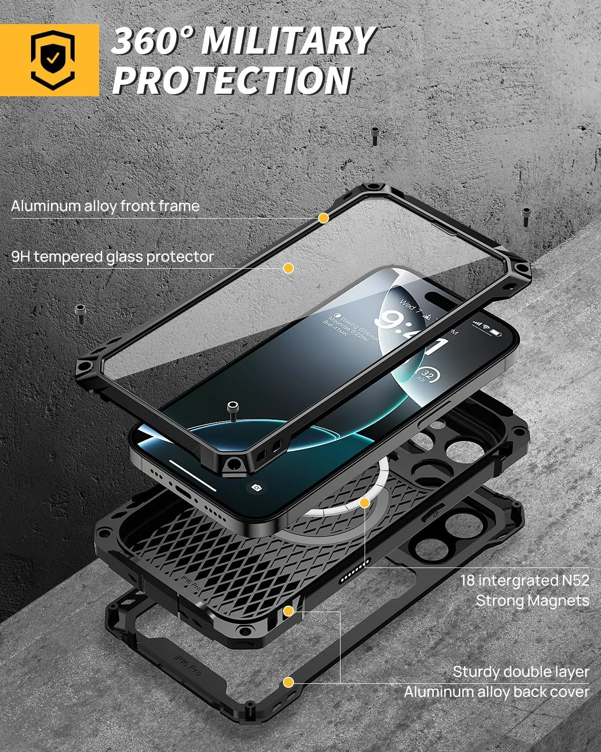 Lanhiem for iPhone 16 Pro Max Metal Case with Camera Cover & Stand [Compatible with MagSafe] [Built-in Kickstand] [Military-Grade Protection] Heavy Duty Rugged Magnetic Phone Case, Black