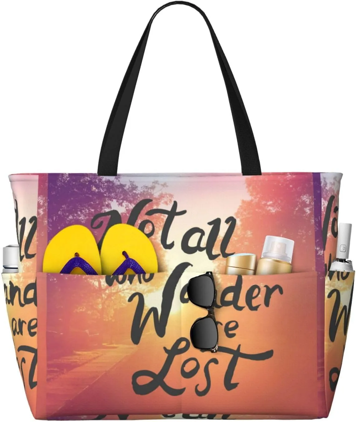 Large Beach Tote Bag for Women Extra Large Capacity Waterproof Sandproof Pool Bag Suitable for Swimming Pool Gym Groceries Travel - Not All Who Wander Are Lost