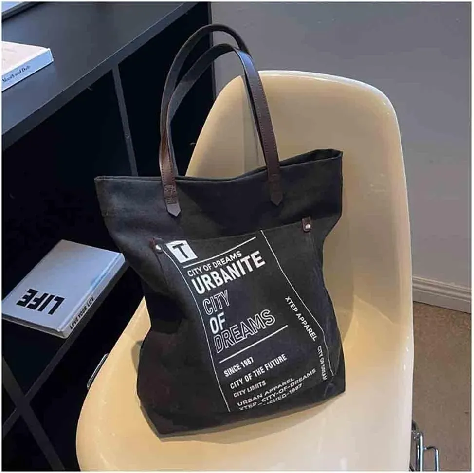 Large Canvas tote bag Crossbody Retro Shoulder Bag Aesthetic Tote Large Handbags Fairy Hobo Bags (black)