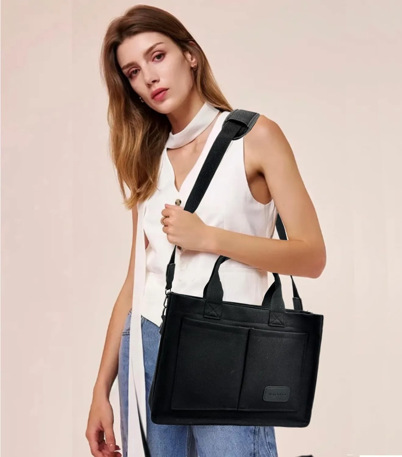 Large Canvas Tote Bag for Women Work Tote Bags with Pockets Laptop Crossbody Purses Everyday Bag Handbags for Travel