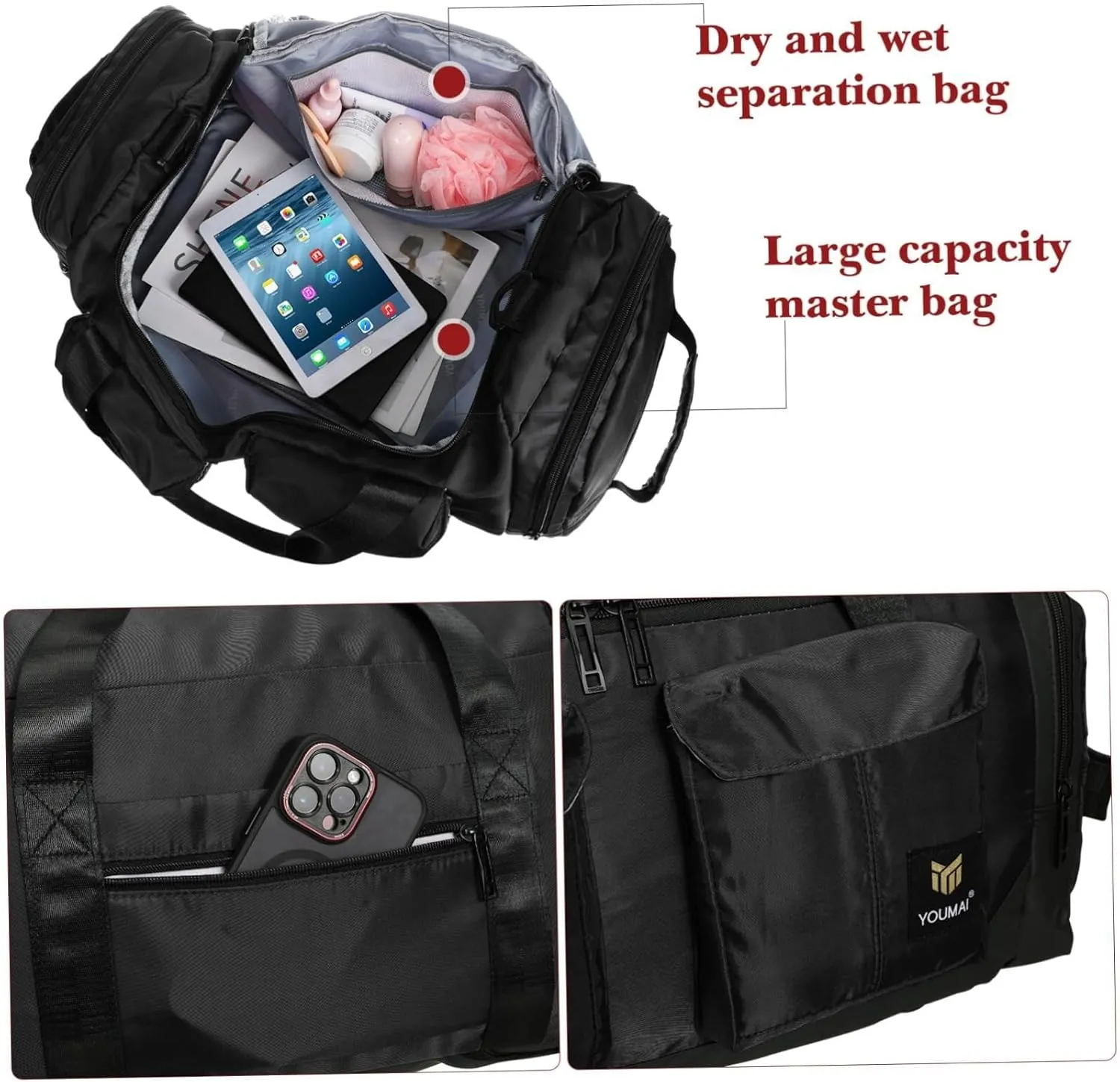 Large Capacity Fitness Tote Carry Bags for Airplanes Overnight Dry Wet Separation Gym Travel Duffel Weekend Bag