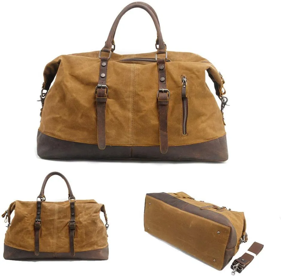 Large-Capacity Men's Portable Travel Bag Europe and America Waterproof Oil Wax Canvas Messenger Bag with Crazy Horse Leather,Khaki