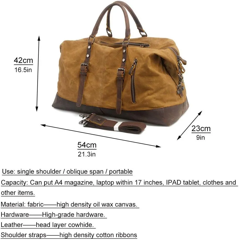 Large-Capacity Men's Portable Travel Bag Europe and America Waterproof Oil Wax Canvas Messenger Bag with Crazy Horse Leather,Khaki