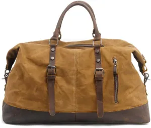 Large-Capacity Men's Portable Travel Bag Europe and America Waterproof Oil Wax Canvas Messenger Bag with Crazy Horse Leather,Khaki
