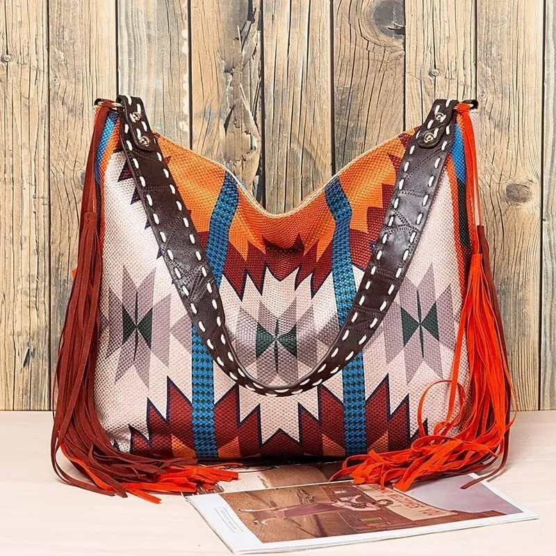 Large Capacity Purses Retro Shoulder Handmade Ethnic Travel Handbags Women's Canvas Tassel Tote