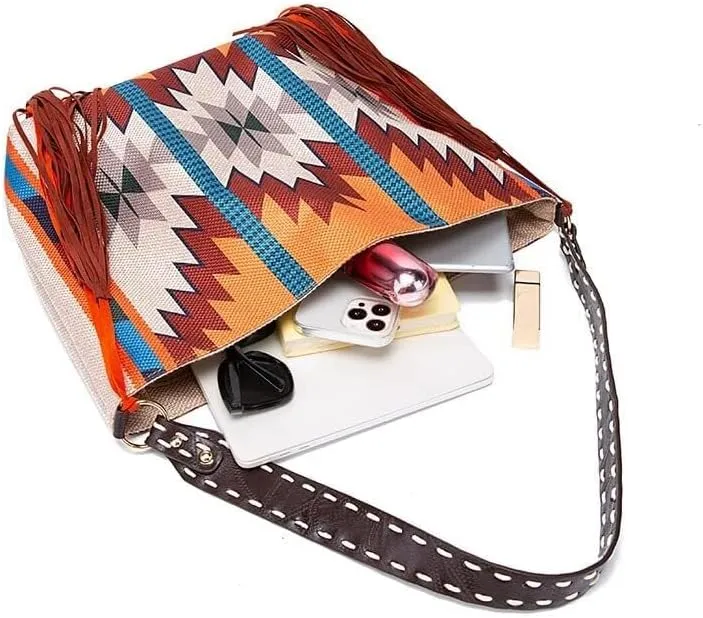Large Capacity Purses Retro Shoulder Handmade Ethnic Travel Handbags Women's Canvas Tassel Tote
