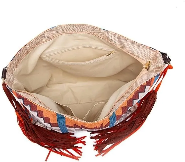 Large Capacity Purses Retro Shoulder Handmade Ethnic Travel Handbags Women's Canvas Tassel Tote