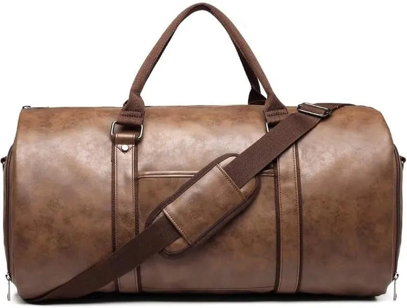 Large Capacity Waterproof Travel Bag Carrying Garment Bag Leather Garment Duffel Bag Men Suit Travel Bag(Brown)