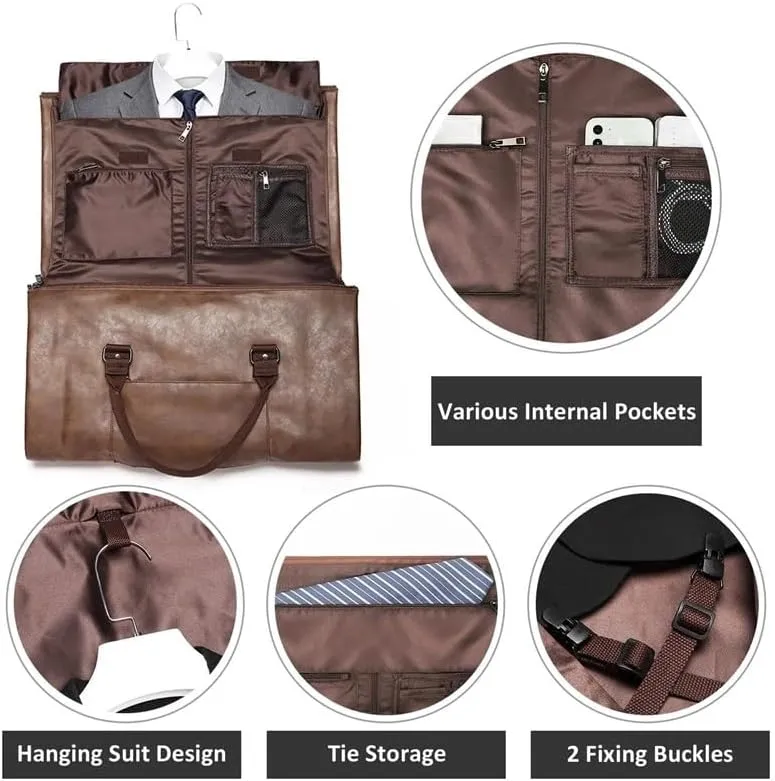 Large Capacity Waterproof Travel Bag Carrying Garment Bag Leather Garment Duffel Bag Men Suit Travel Bag(Brown)