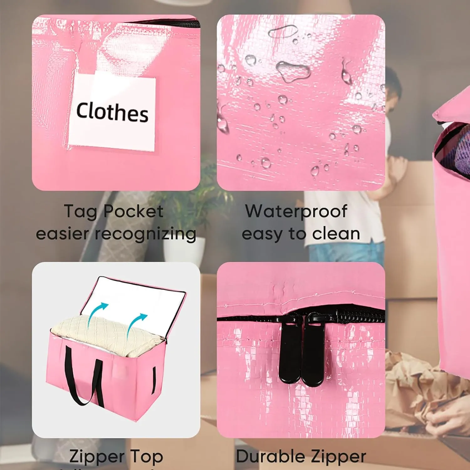 Large Packing Bags for Moving, 4 Pack Moving Bags Heavy Duty with Zippers & Handles, Reusable Storage Totes for Clothes Bedding Laundry Travel Thick Material Alternative to Packing Box, Pink