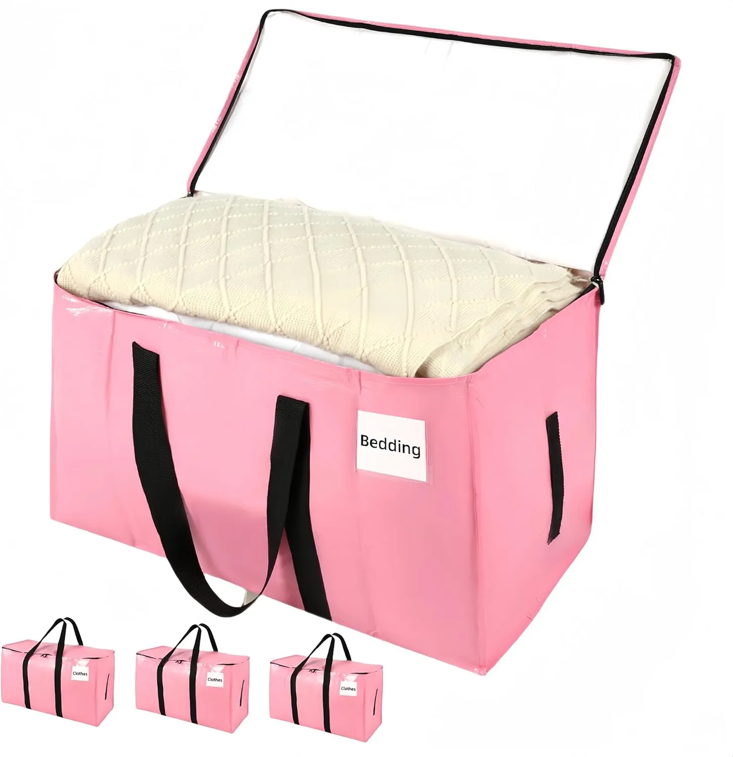 Large Packing Bags for Moving, 4 Pack Moving Bags Heavy Duty with Zippers & Handles, Reusable Storage Totes for Clothes Bedding Laundry Travel Thick Material Alternative to Packing Box, Pink
