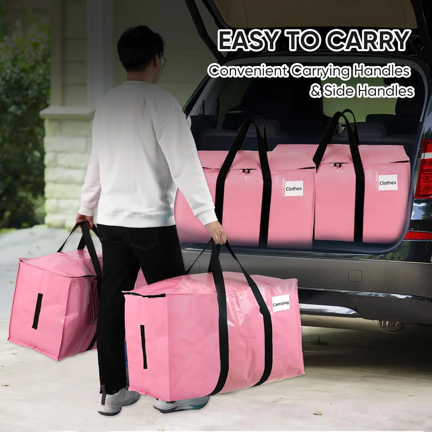 Large Packing Bags for Moving, 4 Pack Moving Bags Heavy Duty with Zippers & Handles, Reusable Storage Totes for Clothes Bedding Laundry Travel Thick Material Alternative to Packing Box, Pink