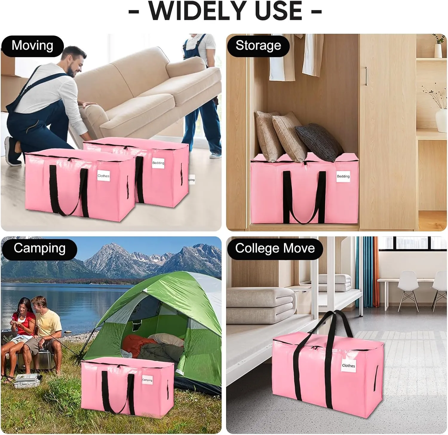 Large Packing Bags for Moving, 4 Pack Moving Bags Heavy Duty with Zippers & Handles, Reusable Storage Totes for Clothes Bedding Laundry Travel Thick Material Alternative to Packing Box, Pink