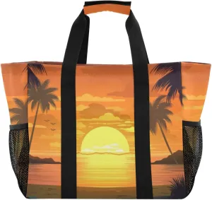 Large Tote Bags Summer Sunset Palm Tree for Women Canvas Tote Purse Reusable Grocery Bags Top Handle Handbags for Travel, Work