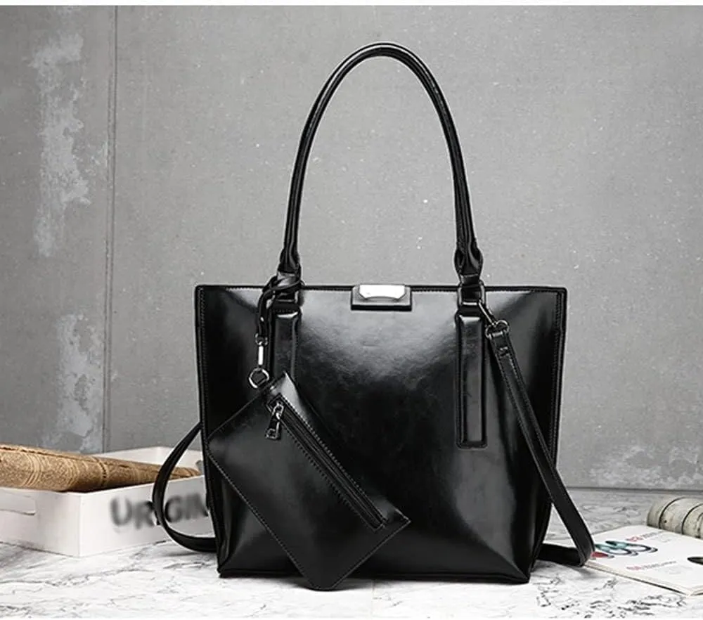 Leather Handbags Purses for Women Glossy Tote Bags Shoulder Satchel Handbag Wallet Wristlets 2-Pcs Set