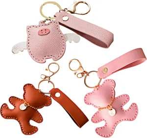 Leather Teddy Bear Pig Bag Charms Purse Charms Keychains Craft Kit for Women Handbags Tote, DIY Stitch Crafts for Key Chain and Bag Accessories 3PiecesSet（NOT Ready Made）