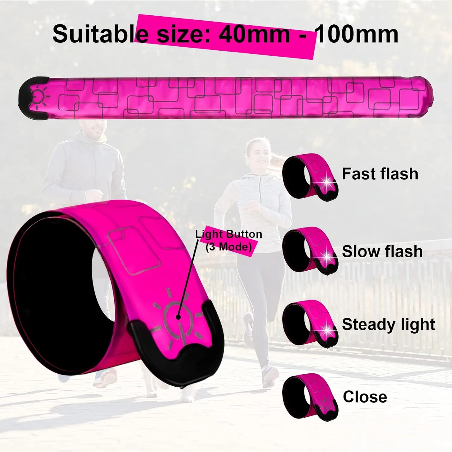 LED Safety Wristband Lights - 2 Pack Rechargeable Light Up Arm Ankle Band Kids Magic Slap Glow Bracelets Reflective Belt High Visibility for Night Cycling Walking Joggers Running Gear