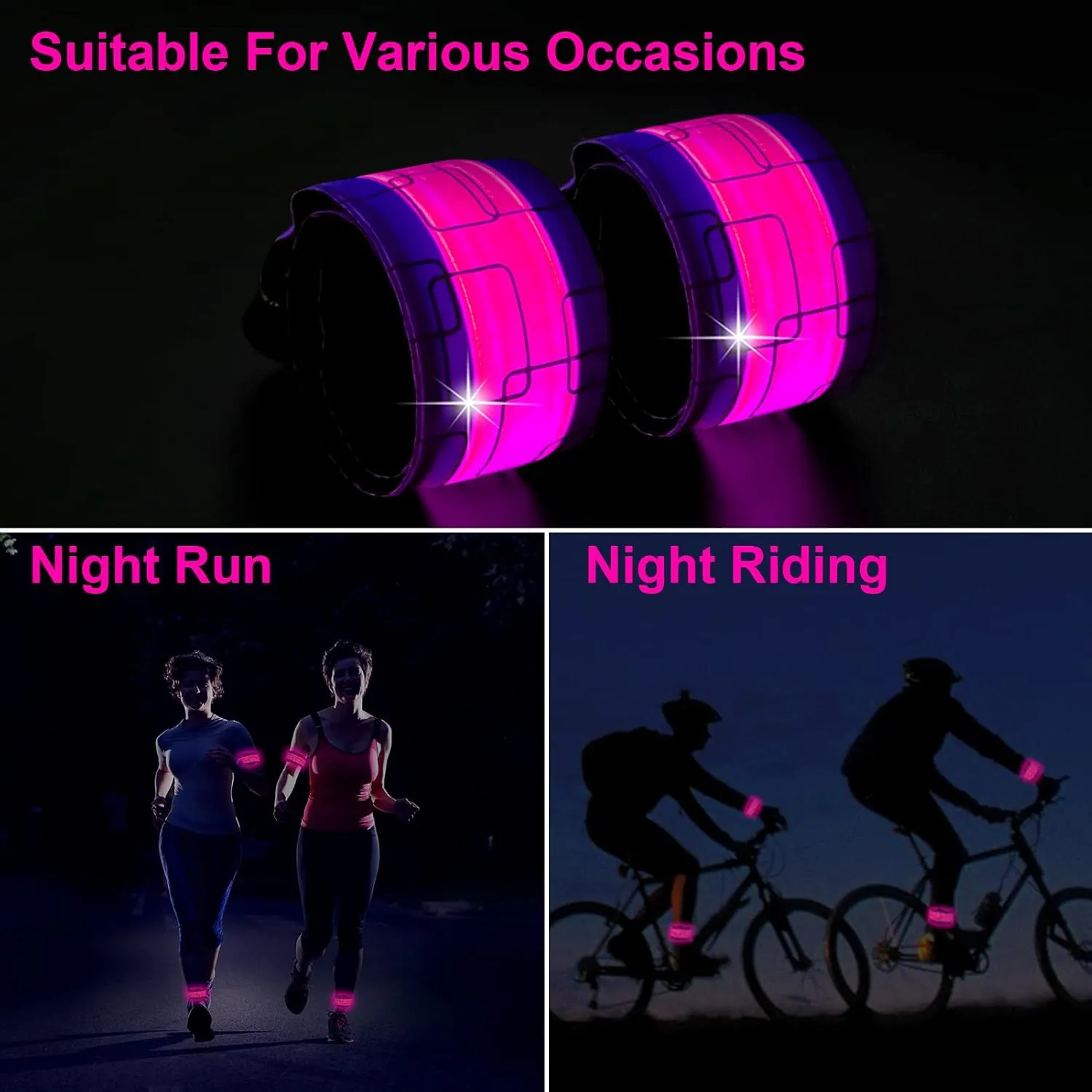 LED Safety Wristband Lights - 2 Pack Rechargeable Light Up Arm Ankle Band Kids Magic Slap Glow Bracelets Reflective Belt High Visibility for Night Cycling Walking Joggers Running Gear