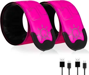 LED Safety Wristband Lights - 2 Pack Rechargeable Light Up Arm Ankle Band Kids Magic Slap Glow Bracelets Reflective Belt High Visibility for Night Cycling Walking Joggers Running Gear