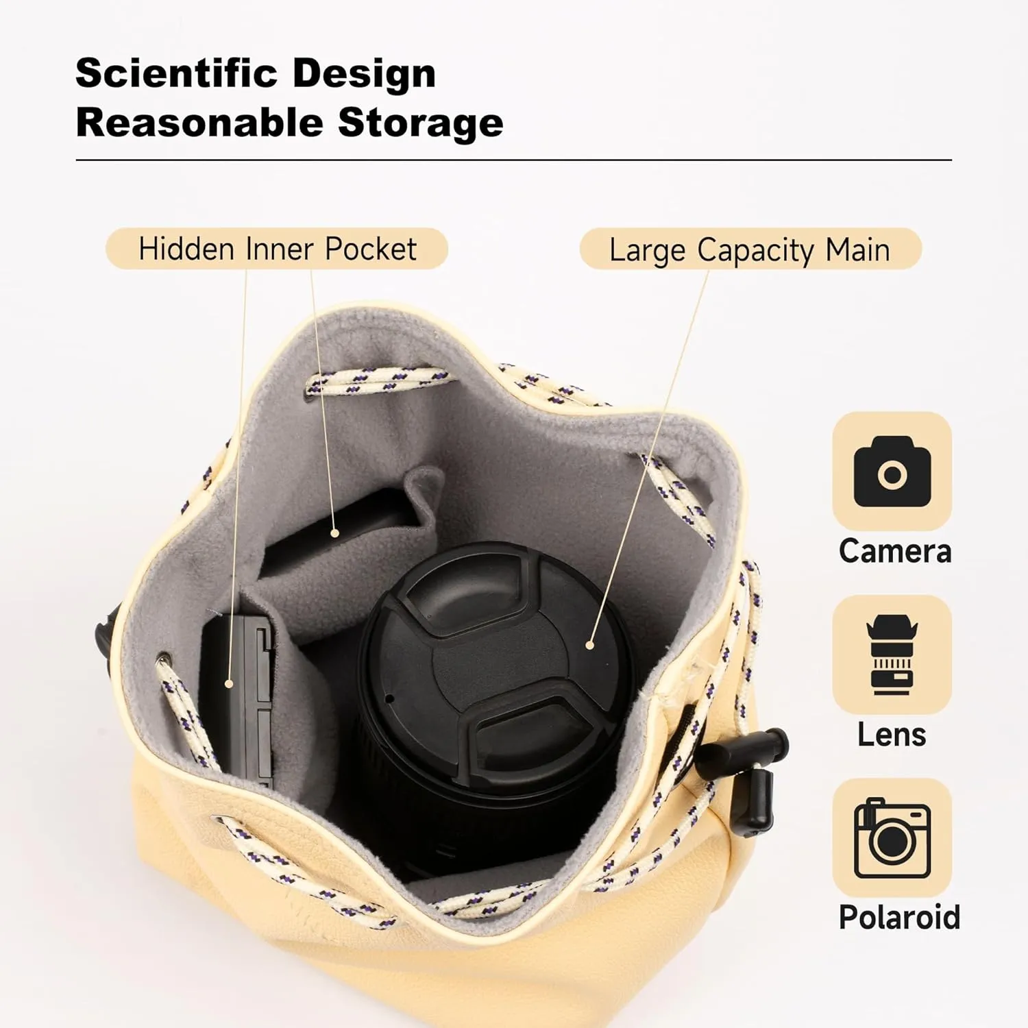 Lens Case, Lens Bag Camera Lens Pouch Drawstring Shockproof Bag with shoulder straps for Canon, Nikon, Pentax, Sony, Olympus, Panasonic and other Lens (Light Yellow,Small)
