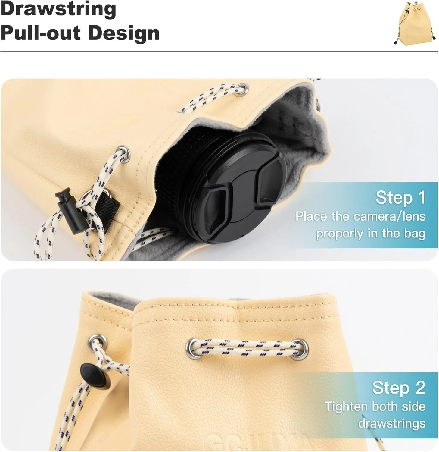 Lens Case, Lens Bag Camera Lens Pouch Drawstring Shockproof Bag with shoulder straps for Canon, Nikon, Pentax, Sony, Olympus, Panasonic and other Lens (Light Yellow,Small)