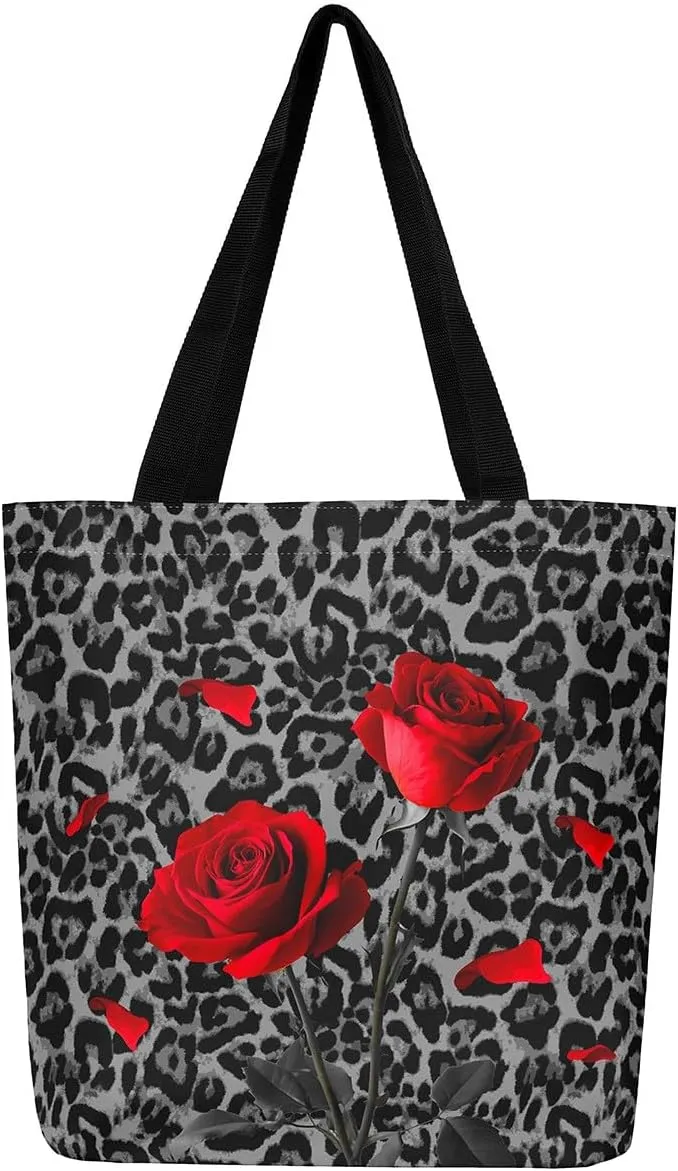 Leopard Print Canvas Tote Bag for Women Wild Animal Cheetah Print Aesthetic Shoulder Handbags for Shopping Gym