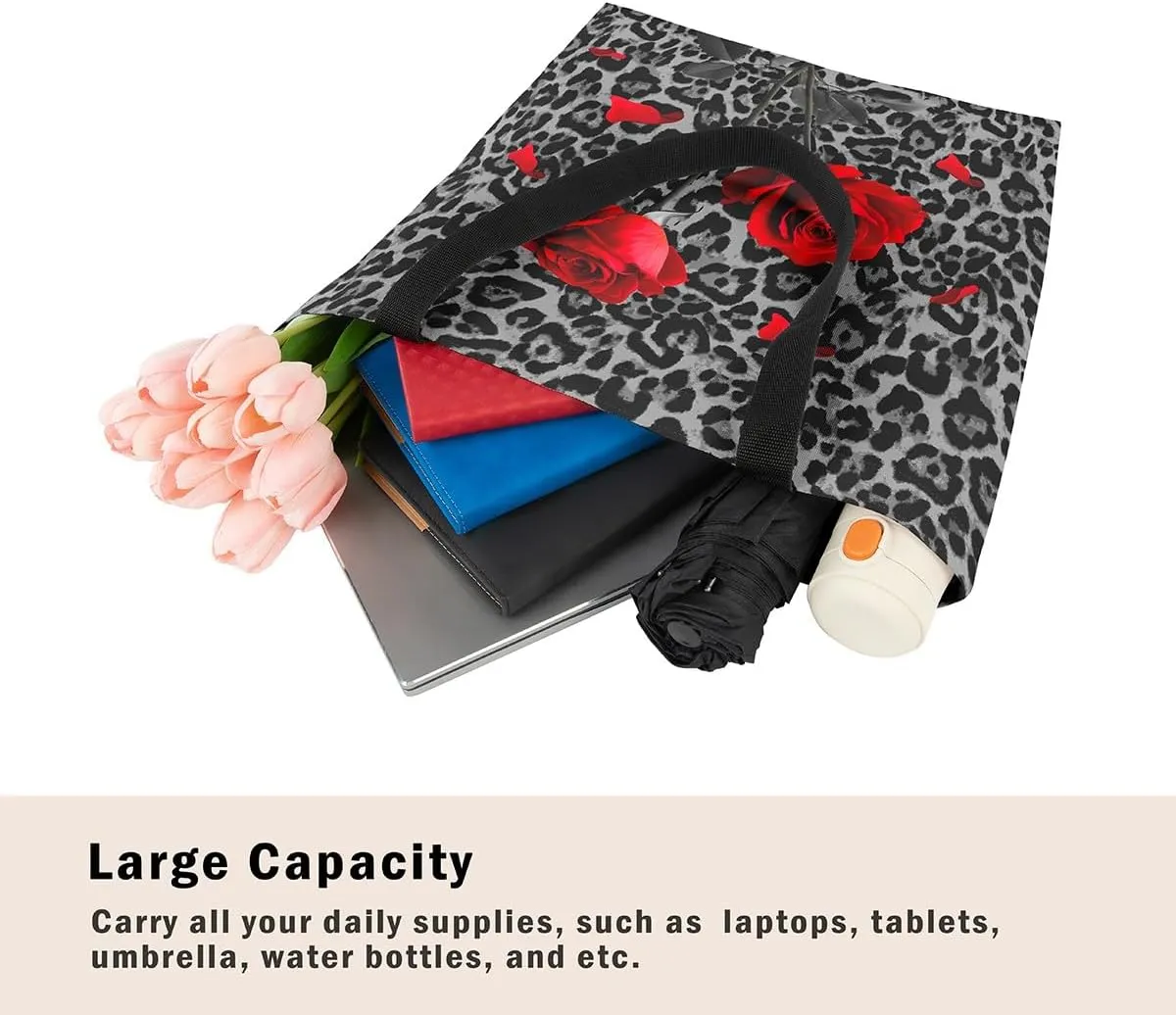 Leopard Print Canvas Tote Bag for Women Wild Animal Cheetah Print Aesthetic Shoulder Handbags for Shopping Gym