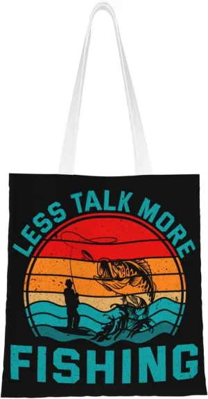 Less Talk More Fishing Tote Bag for Women Canvas Shopping Bags Reusable Large Capacity Casual Shoulder Handbags Grocery Bags DIY Gift Bags