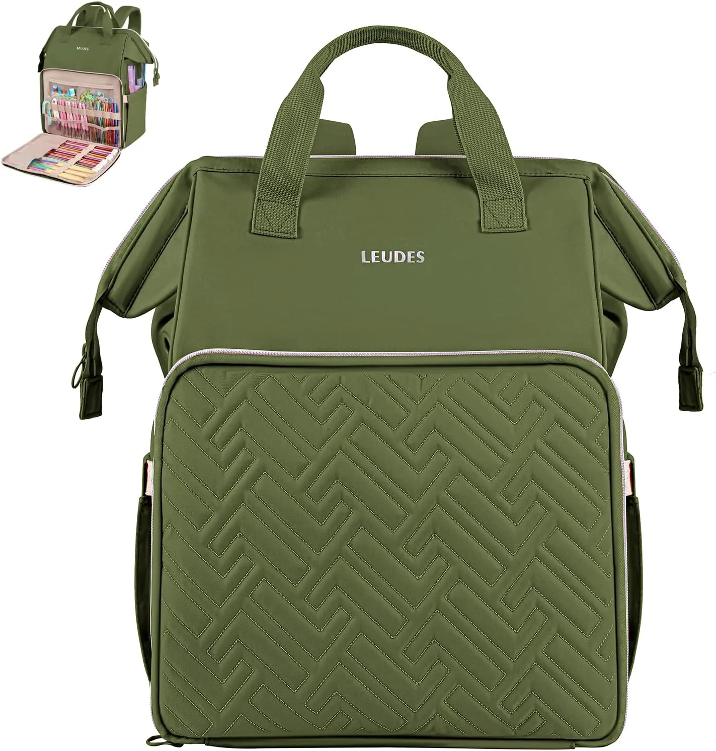 Leudes Knitting Bag Backpack, Yarn Storage Organizer Large Crochet Bag Tote Christmas Gift Yarn Holder Case for Carrying Projects, Knitting Needles (Army Green)