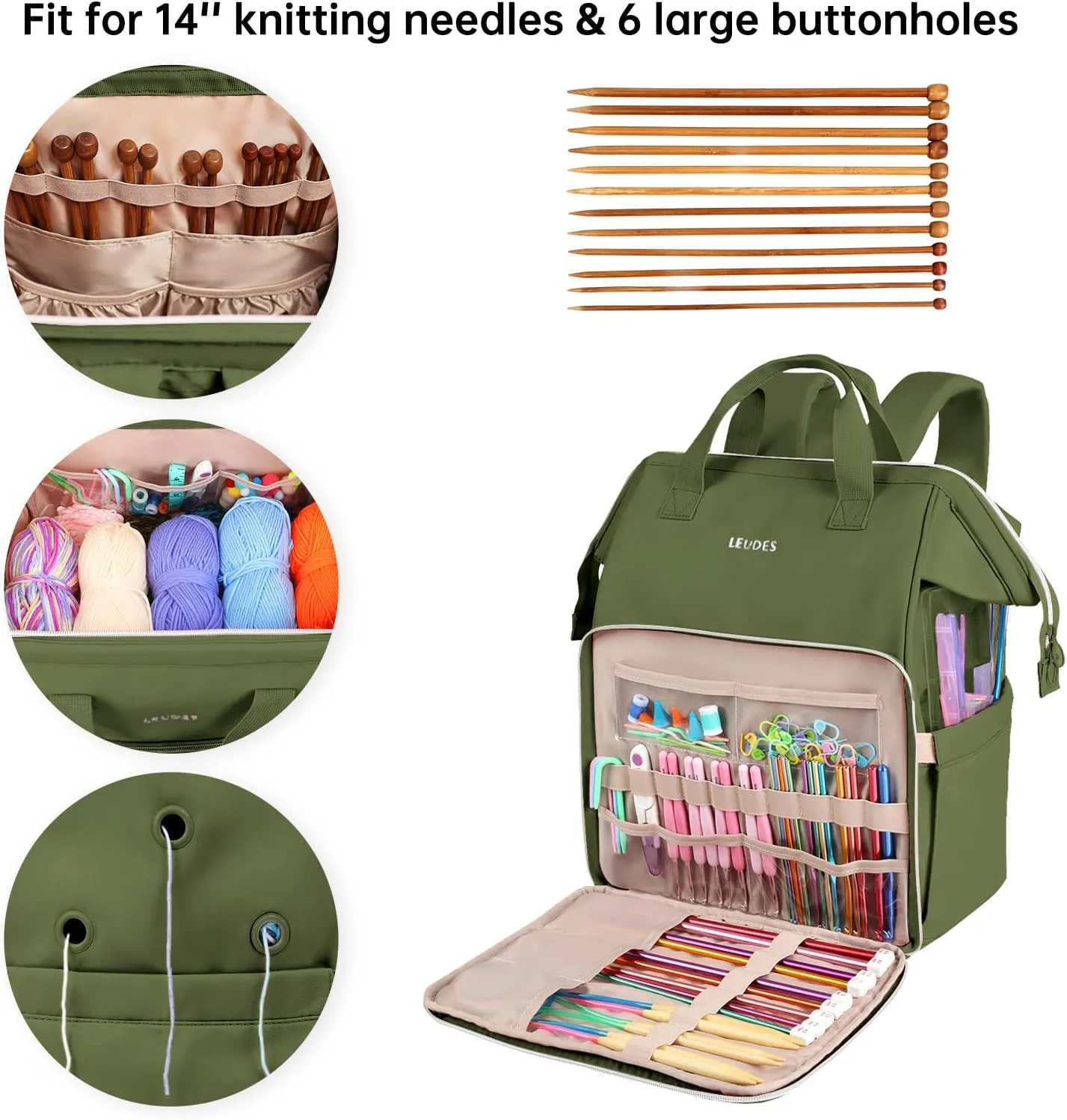Leudes Knitting Bag Backpack, Yarn Storage Organizer Large Crochet Bag Tote Christmas Gift Yarn Holder Case for Carrying Projects, Knitting Needles (Army Green)