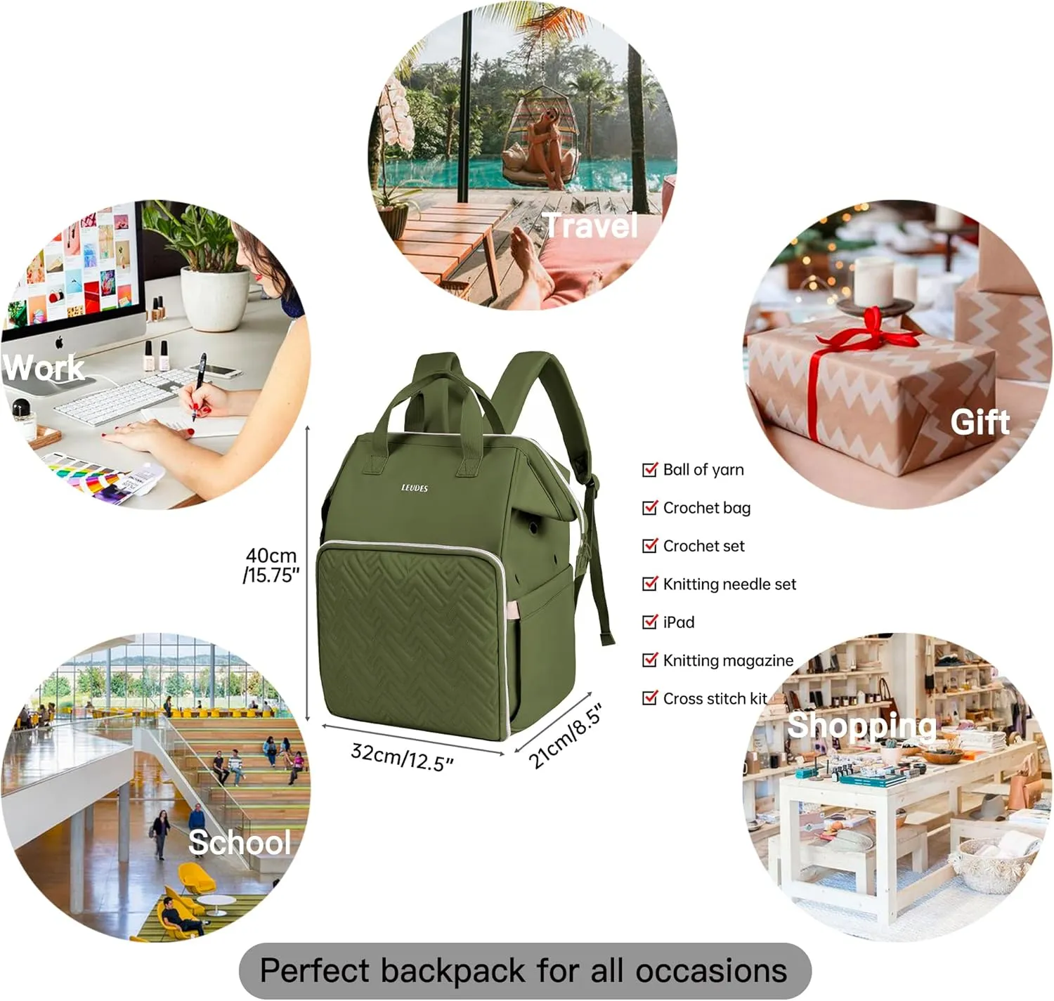 Leudes Knitting Bag Backpack, Yarn Storage Organizer Large Crochet Bag Tote Christmas Gift Yarn Holder Case for Carrying Projects, Knitting Needles (Army Green)
