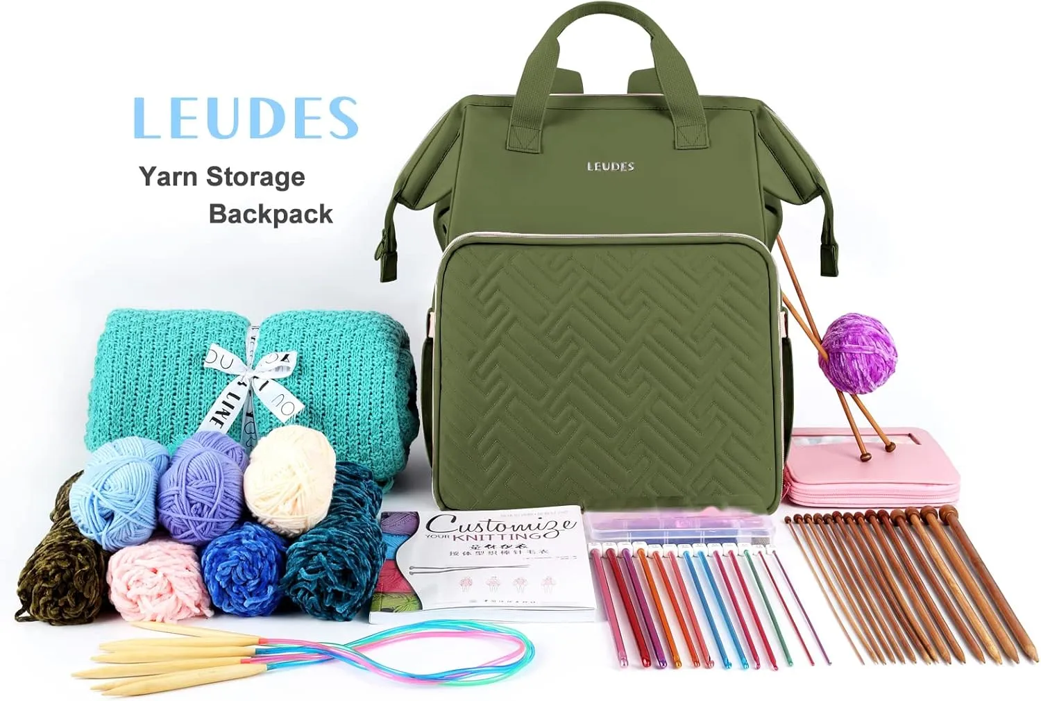 Leudes Knitting Bag Backpack, Yarn Storage Organizer Large Crochet Bag Tote Christmas Gift Yarn Holder Case for Carrying Projects, Knitting Needles (Army Green)
