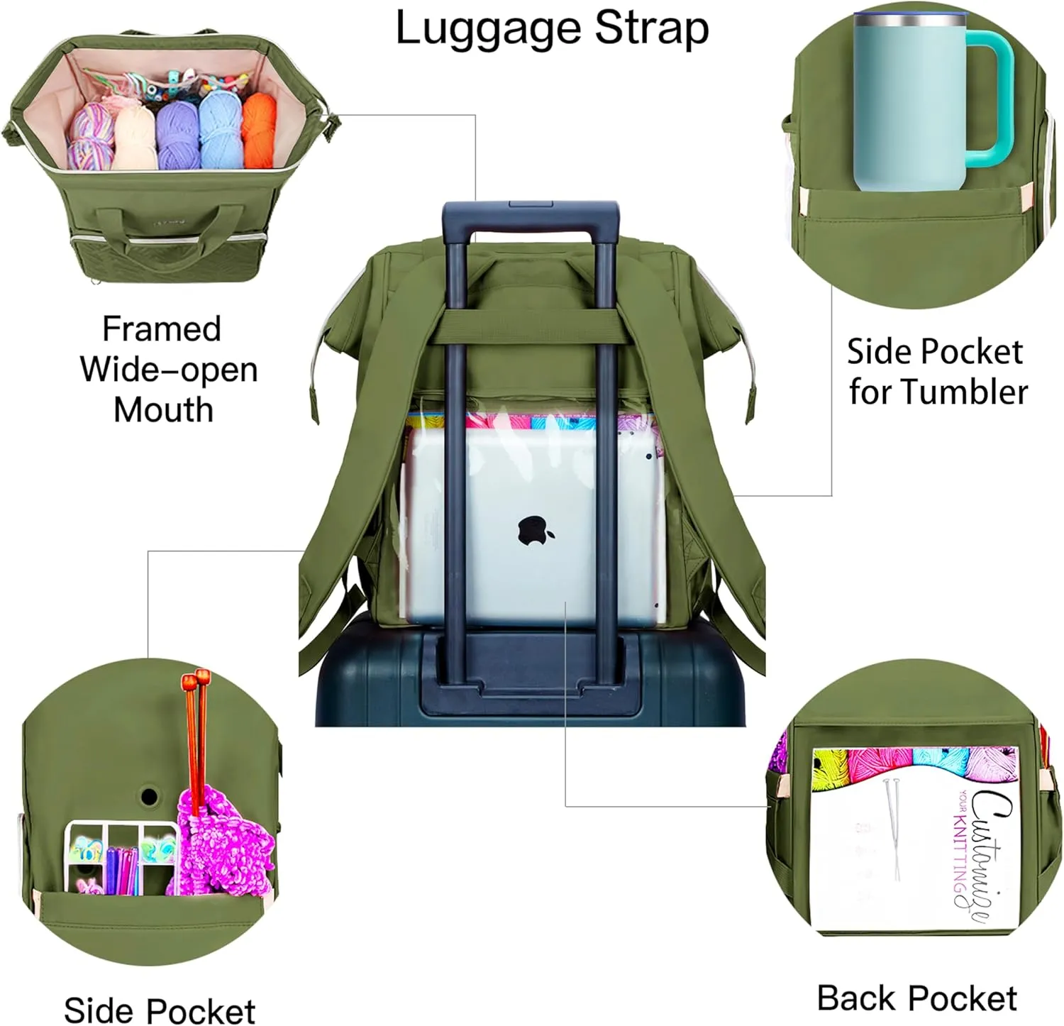 Leudes Knitting Bag Backpack, Yarn Storage Organizer Large Crochet Bag Tote Christmas Gift Yarn Holder Case for Carrying Projects, Knitting Needles (Army Green)