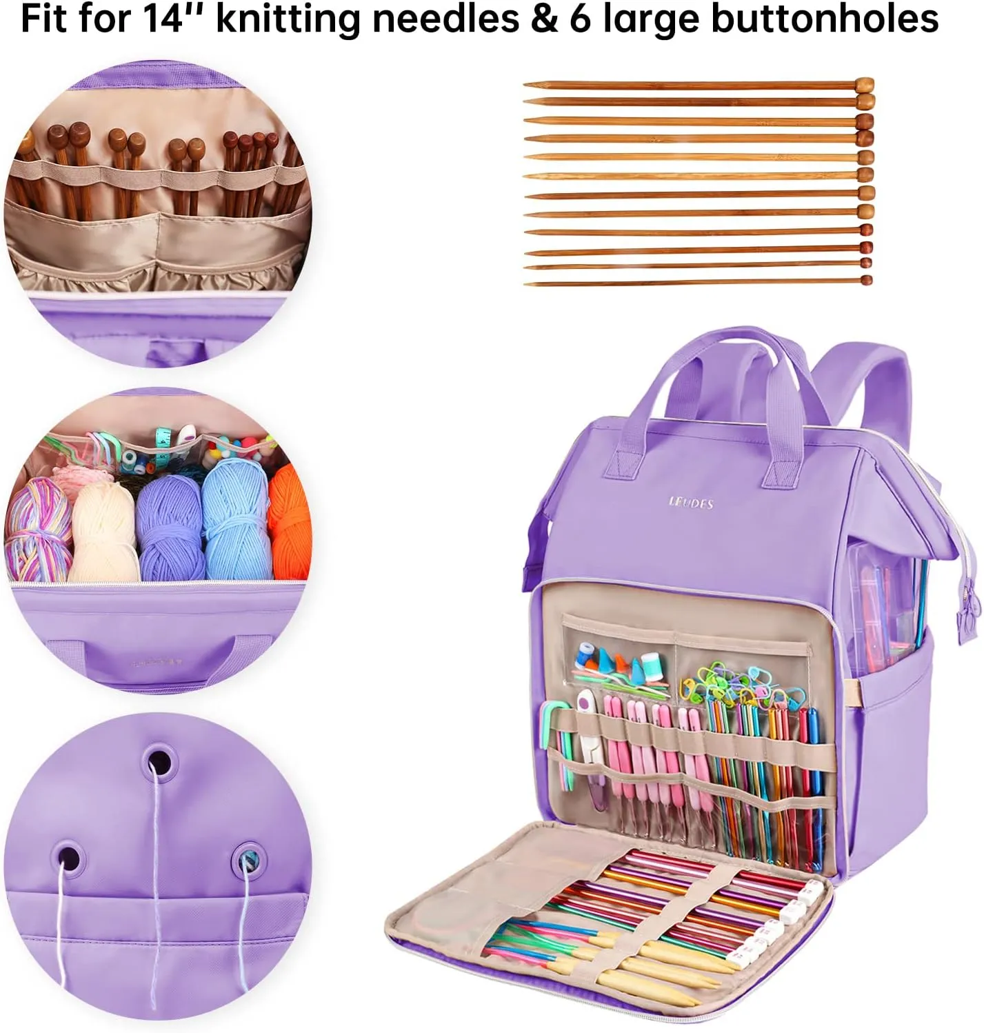 Leudes Knitting Bag Backpack, Yarn Storage Organizer Large Crochet Bag Tote Christmas Gift Yarn Holder Case for Carrying Projects, Knitting Needles (Purple)
