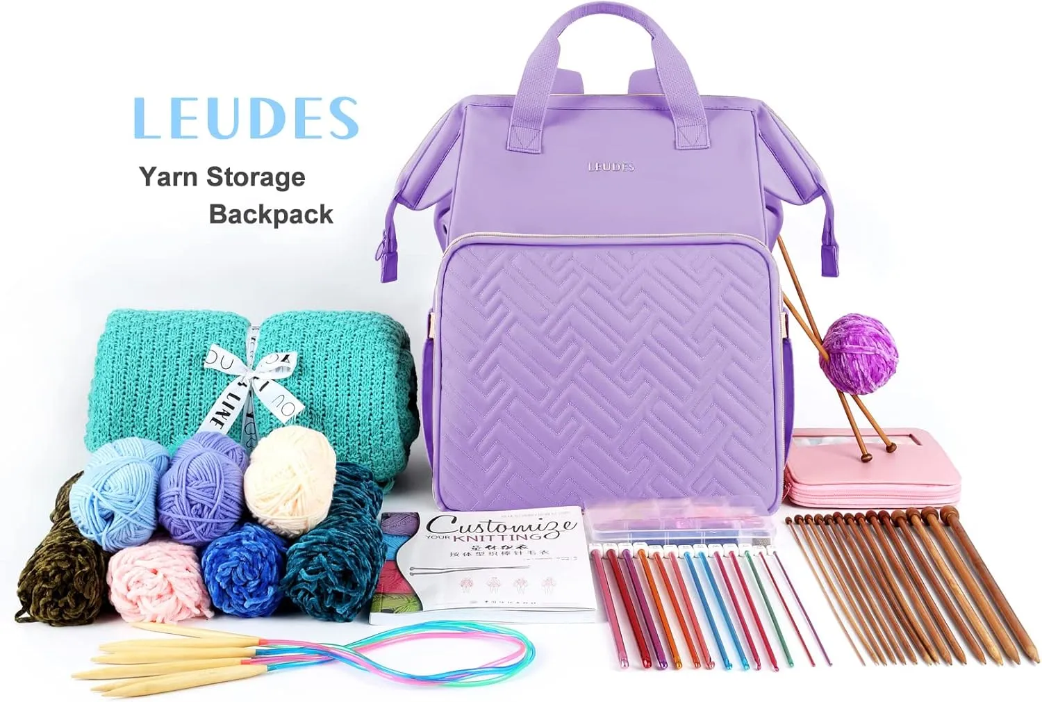 Leudes Knitting Bag Backpack, Yarn Storage Organizer Large Crochet Bag Tote Christmas Gift Yarn Holder Case for Carrying Projects, Knitting Needles (Purple)