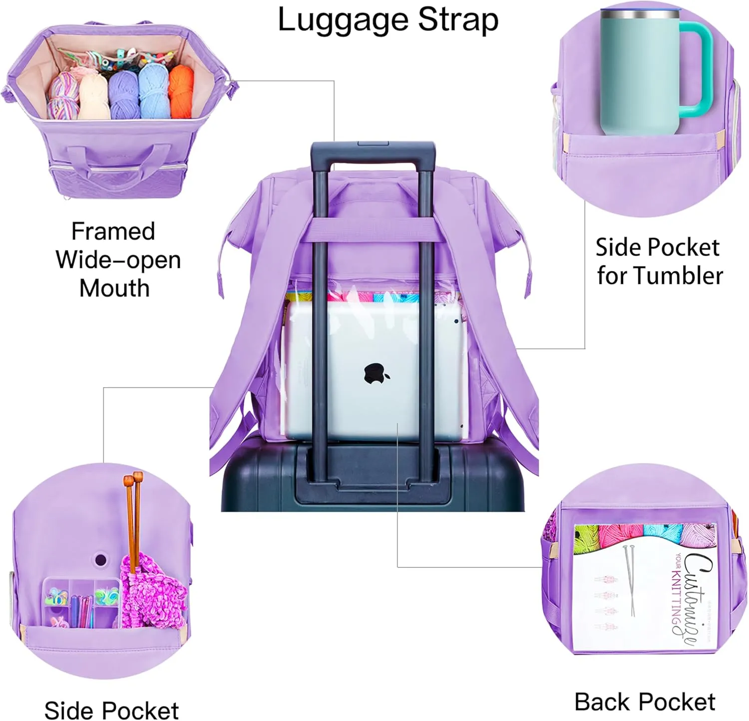 Leudes Knitting Bag Backpack, Yarn Storage Organizer Large Crochet Bag Tote Christmas Gift Yarn Holder Case for Carrying Projects, Knitting Needles (Purple)