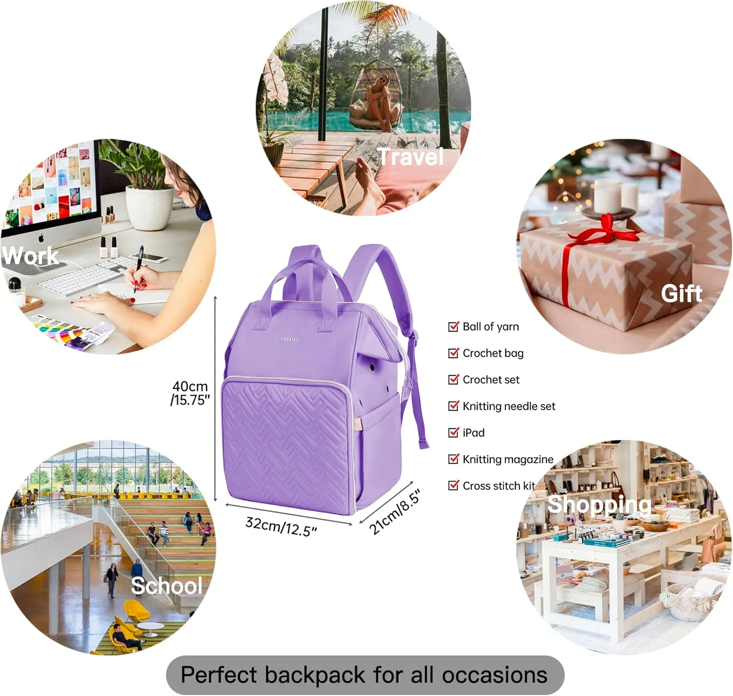 Leudes Knitting Bag Backpack, Yarn Storage Organizer Large Crochet Bag Tote Christmas Gift Yarn Holder Case for Carrying Projects, Knitting Needles (Purple)