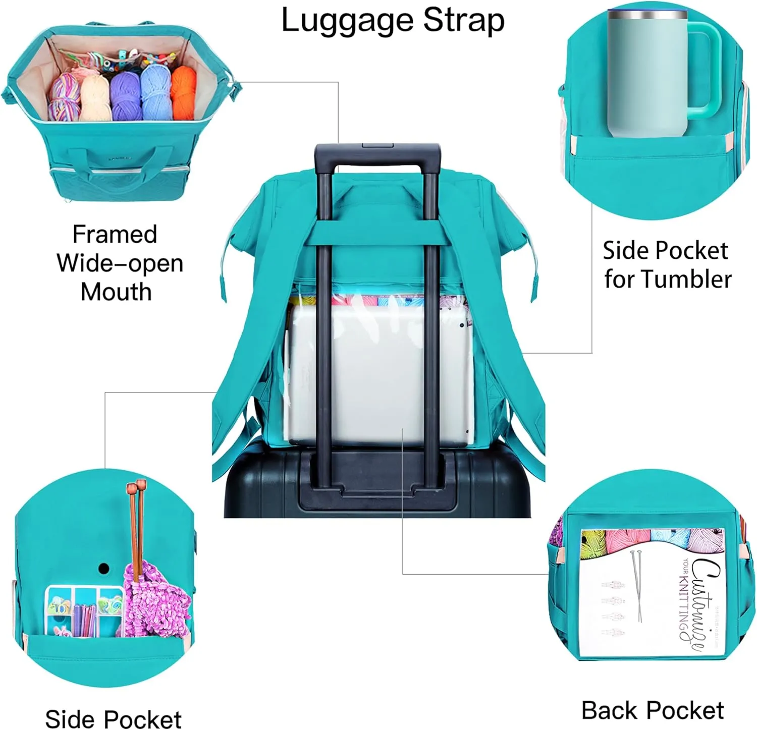 Leudes Knitting Bag Backpack, Yarn Storage Organizer Large Crochet Bag Tote Christmas Gift Yarn Holder Case for Carrying Projects, Knitting Needles (Turquoise)