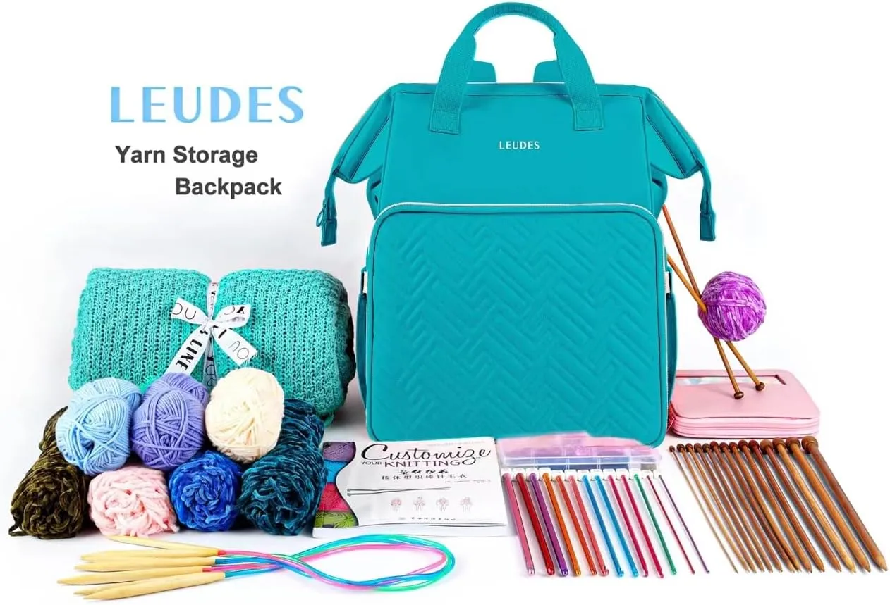 Leudes Knitting Bag Backpack, Yarn Storage Organizer Large Crochet Bag Tote Christmas Gift Yarn Holder Case for Carrying Projects, Knitting Needles (Turquoise)