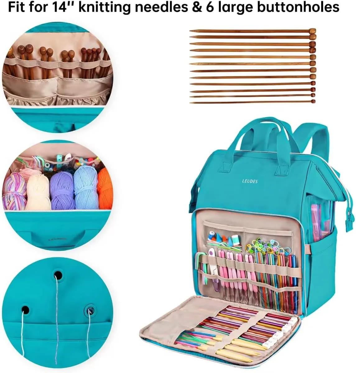 Leudes Knitting Bag Backpack, Yarn Storage Organizer Large Crochet Bag Tote Christmas Gift Yarn Holder Case for Carrying Projects, Knitting Needles (Turquoise)