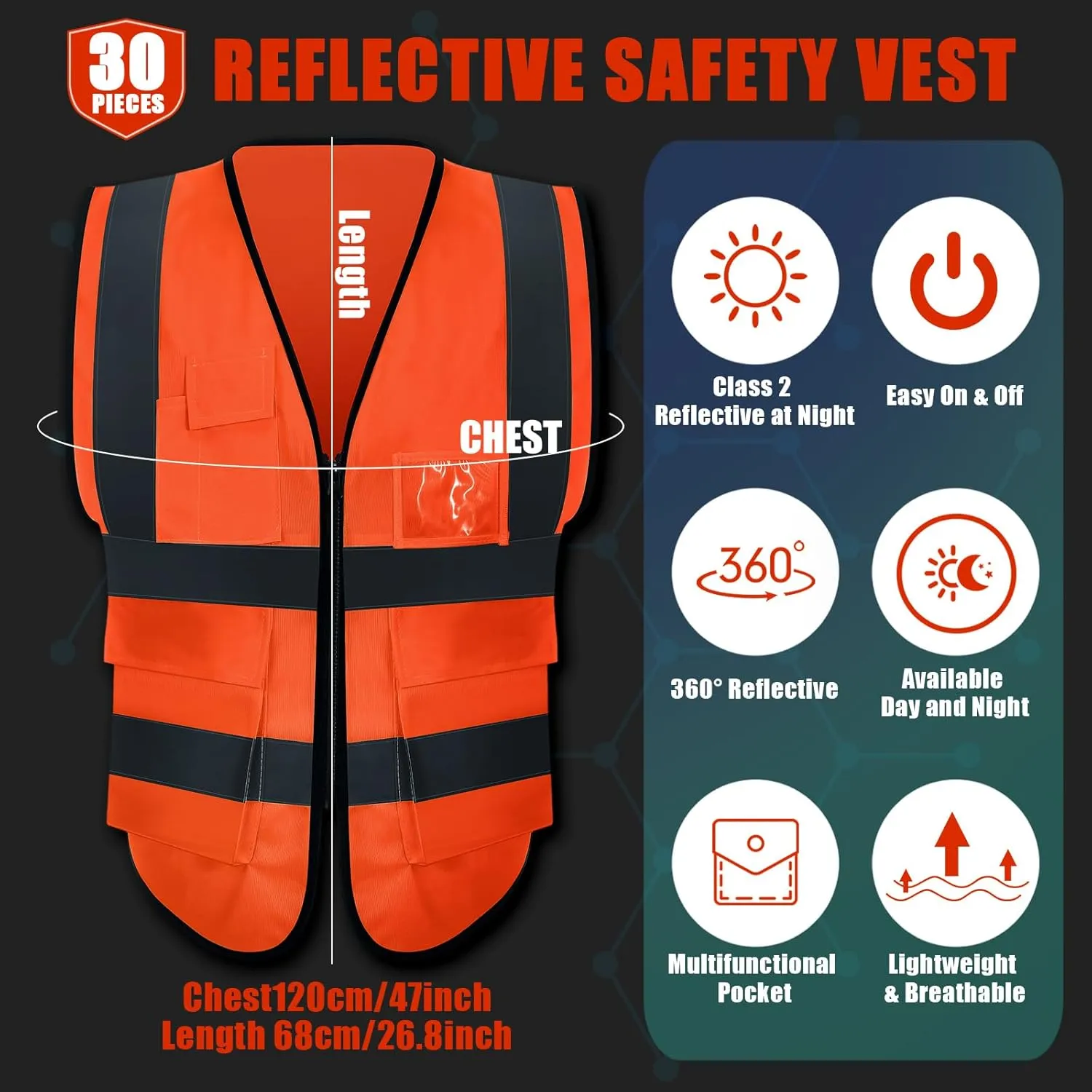 Leumoi 30 Pack Reflective Safety Vest with Pockets and Zipper High Visibility Vest for Women Men Work
