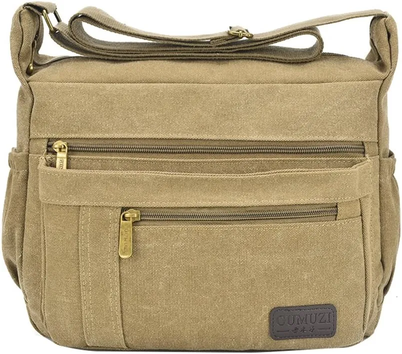 Light Weight Canvas Shoulder Bag for Women Messenger Handbags Cross Body Multi Zipper Pockets Bag