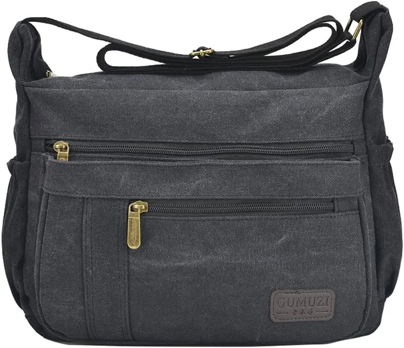 Light Weight Canvas Shoulder Bag for Women Messenger Handbags Cross Body Multi Zipper Pockets Bag