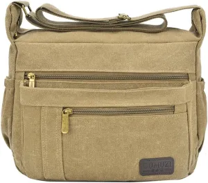 Light Weight Canvas Shoulder Bag for Women Messenger Handbags Cross Body Multi Zipper Pockets Bag